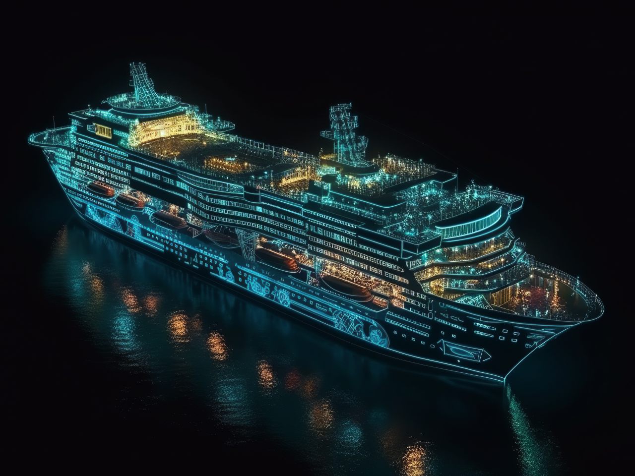 Digital transformation in cruise (A panoramic aerial view of a cruise ship at night)