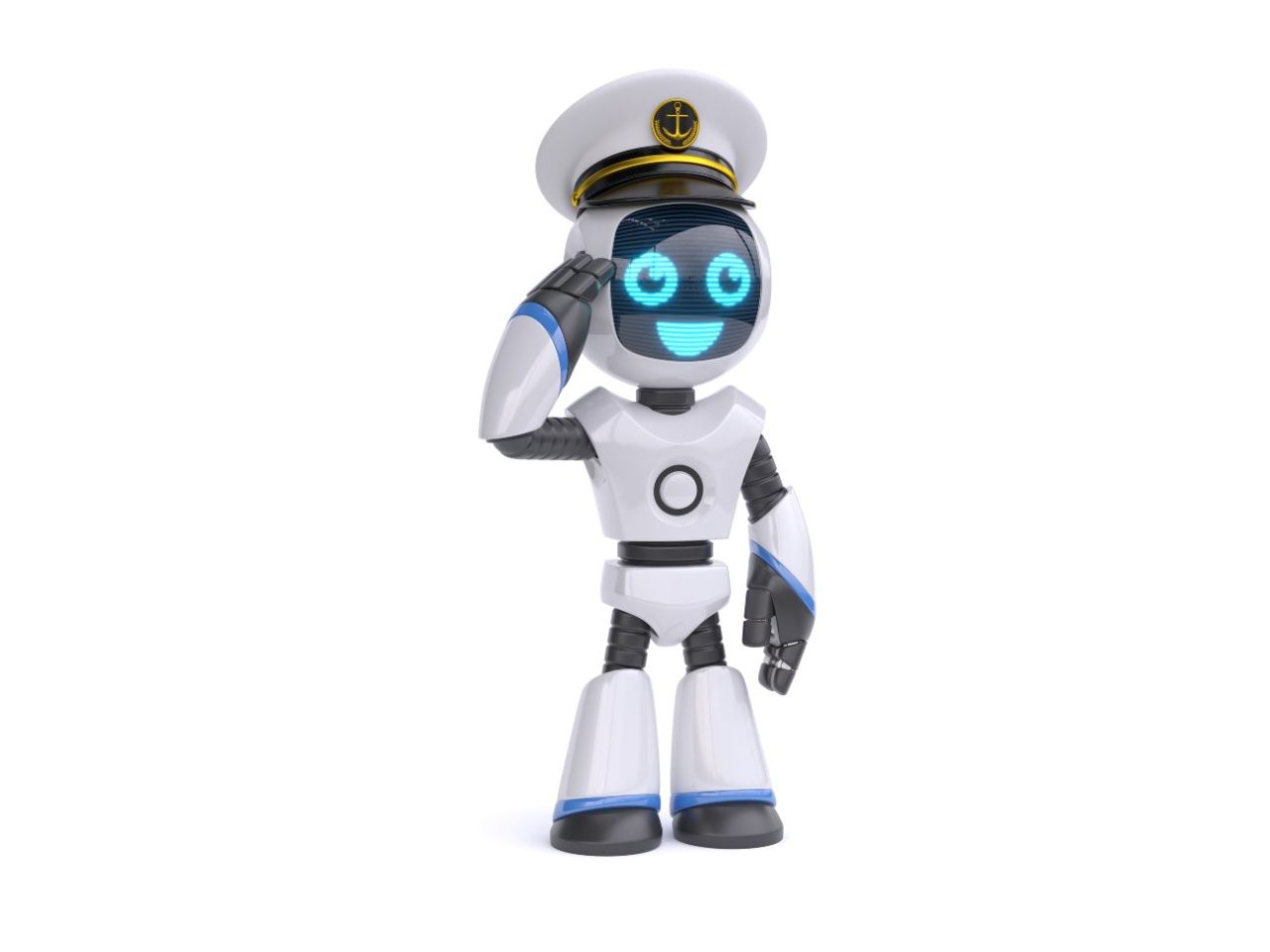 IT Solutions & services for cruise (Little robot as ship captain on white background 3d rendering)