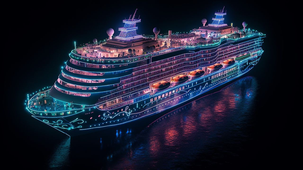 Innovation in technology and cruise (aerial view of a cruise ship at night with smart services)